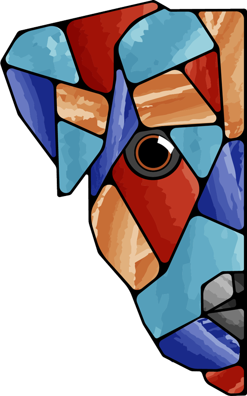 This abstract image of a dog's face, crafted from colorful geometric shapes in red, blue, orange, and brown tones, resembles stained glass and would be a vibrant addition to any veterinarian's clinic.