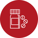 White line art of a vet's pill bottle with pills spilling out, set against a red circular background.