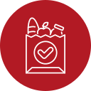 Icon of a paper grocery bag with a checkmark, containing a loaf of bread, an apple, and a bottle, set against a red circular background—perfect for veterinarians who need to quickly grab pet-friendly groceries.