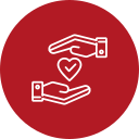 Two hands in a protective position with a heart between them, outlined in white on a red circular background, symbolizing the compassionate care provided by veterinarians.