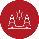 Icon depicting two outlined trees and the sun above, set on a red circular background—evoking a serene landscape, reminiscent of peaceful walks often recommended by veterinarians to promote well-being for pets and their owners.