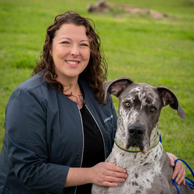 A woman with curly hair, perhaps a veterinarian, smiles while kneeling beside a large gray and white Great Dane. They are outdoors on a grassy field, and the dog wears a colorful collar.